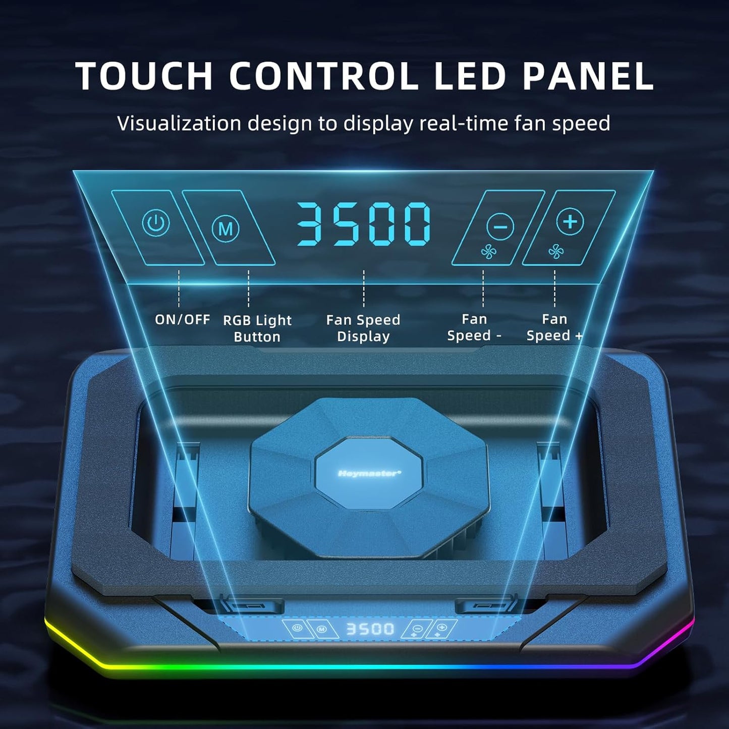 RGB Laptop Cooling Pad – High-Speed 3500 RPM Fan, Touch LED Control, 3 USB Ports & Adjustable Heights (12–19”)