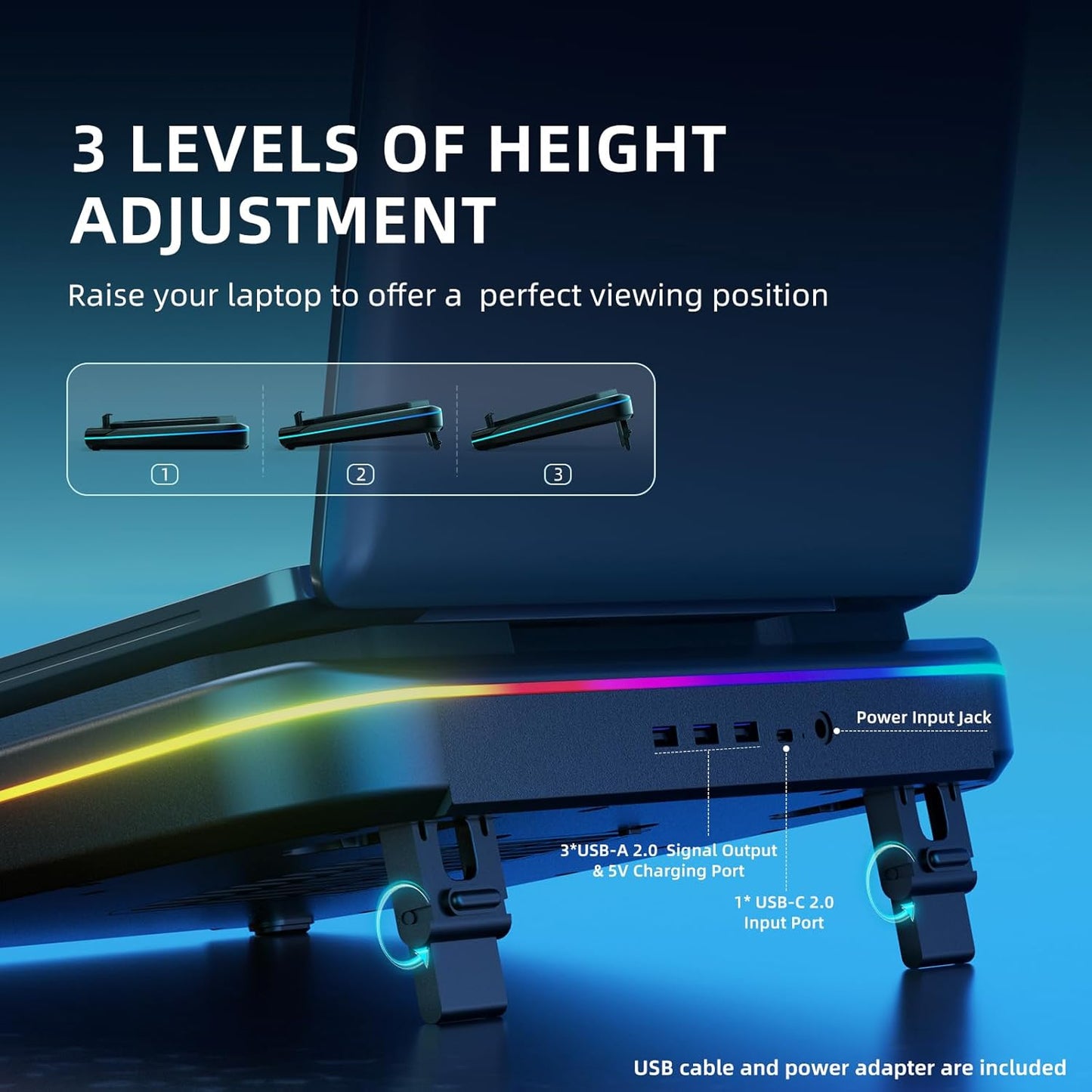RGB Laptop Cooling Pad – High-Speed 3500 RPM Fan, Touch LED Control, 3 USB Ports & Adjustable Heights (12–19”)