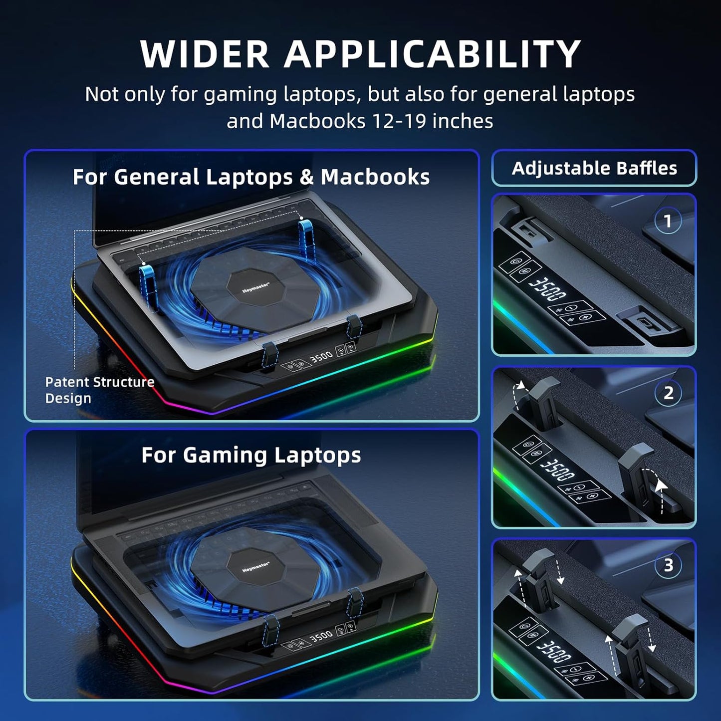 RGB Laptop Cooling Pad – High-Speed 3500 RPM Fan, Touch LED Control, 3 USB Ports & Adjustable Heights (12–19”)
