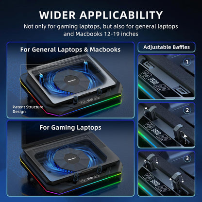 RGB Laptop Cooling Pad – High-Speed 3500 RPM Fan, Touch LED Control, 3 USB Ports & Adjustable Heights (12–19”)